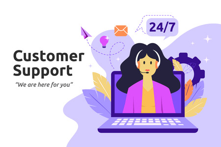 Customer and operator, online technical support concept. Female hotline operator advises client. Vector illustrationのイラスト素材