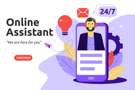 Customer and operator, online technical support concept. Male hotline operator advises client. Vector illustrationのイラスト素材