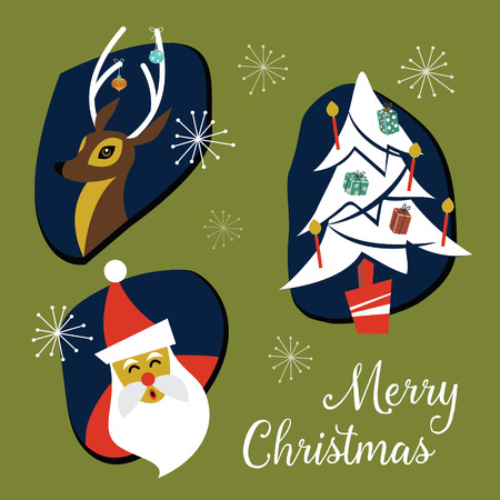 Mid Century Modern Christmas Badges and Elements Collection. Vector Illustrationのイラスト素材