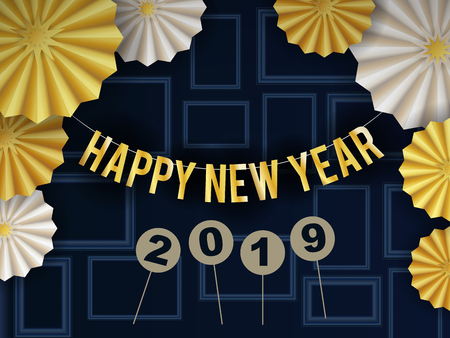 Happy New Year 2019 Background Design With Circle Radial Pattern Paper Craft. Vecter illustrationのイラスト素材