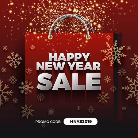 Happy New Year Sale Promotion Background Design with Golden Particle and Snowflakes on Shopping Bag.のイラスト素材