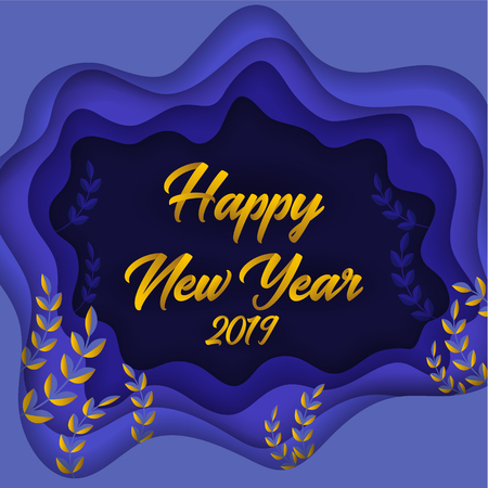 Happy new year 2019 colorful paper cut greeting card background design. Vector illustrationのイラスト素材