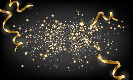 Golden sparkle particle and falling ribbon background. Vector illustrationのイラスト素材