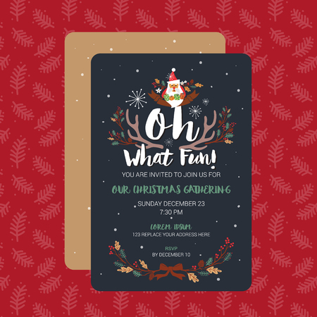 Oh What Fun Christmas Party Invitation Card Template. Vector Illustrationのイラスト素材