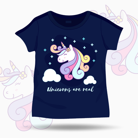 Cute Unicorn illustration on T Shirt kids template. Vector illustrationのイラスト素材