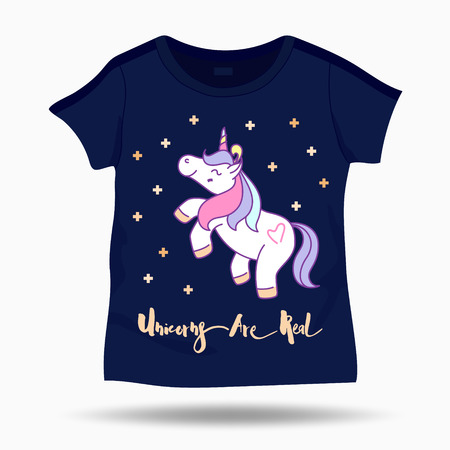 Little funny unicorn illustration on T Shirt kids template. Vector illustrationのイラスト素材