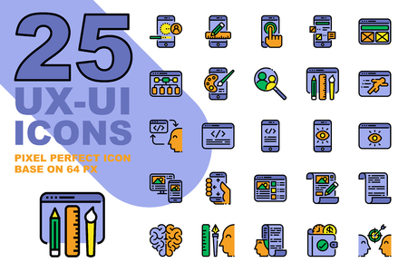 UX UI Application outline color icons set base on 64px, Pixel perfect alignment process icon.のイラスト素材