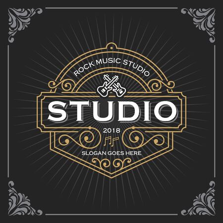 Music studio logo. Vintage Luxury Banner Template Design for Label, Frame, Product Tags. Retro Emblem Design. Vector illustrationのイラスト素材