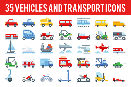 35 Vehicle and transport flat icons sign and symbols. Pixel perfect icon base on 64pxのイラスト素材
