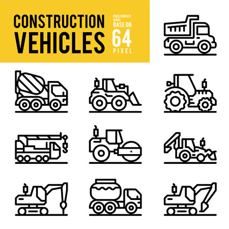 Construction Vehicle and Transport Outline Icons. Pixel Perfect Icon Base on 64px.のイラスト素材