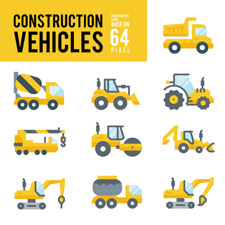 Construction Vehicle and Transport Flat Icons. Pixel Perfect Icon Base on 64px.のイラスト素材