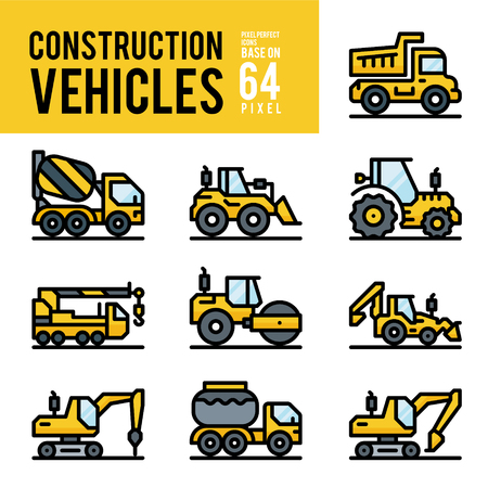 Construction Vehicle and Transport Outline Color Icons. Pixel Perfect Icon Base on 64px.のイラスト素材