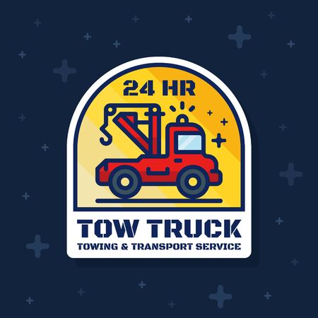 Tow truck badge banner. Towing and transport service sticker design. Vector illustrationのイラスト素材
