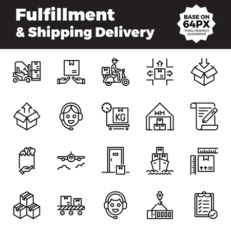 Fulfillment and shipping delivery outline icons. Base on 64px with pixel perfect alignment.のイラスト素材