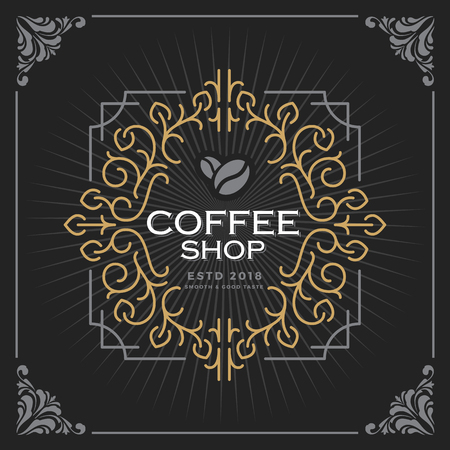 Coffee shop logo. Vintage Luxury Banner Template Design for Label, Frame, Product Tags. Retro Emblem Design. Vector illustrationのイラスト素材