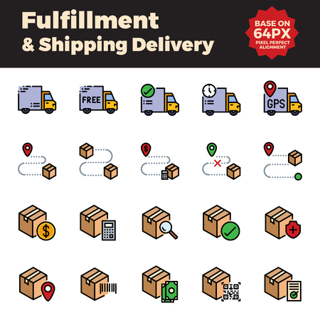 Fulfillment and shipping delivery filled outline icons. Base on 64px with pixel perfect alignment.のイラスト素材