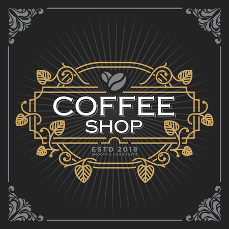 Coffee shop logo. Vintage Luxury Banner Template Design for Label, Frame, Product Tags. Retro Emblem Design. Vector illustrationのイラスト素材