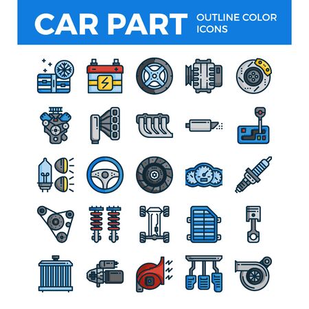 Vehicle and car parts outline color icons. Pixel perfect alignment icons. Vector illustrationのイラスト素材