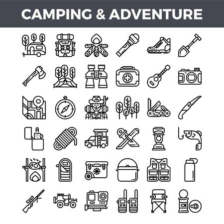 Camping and outdoor adventure outline icons. Pixel perfect icon. Vector illustrationのイラスト素材