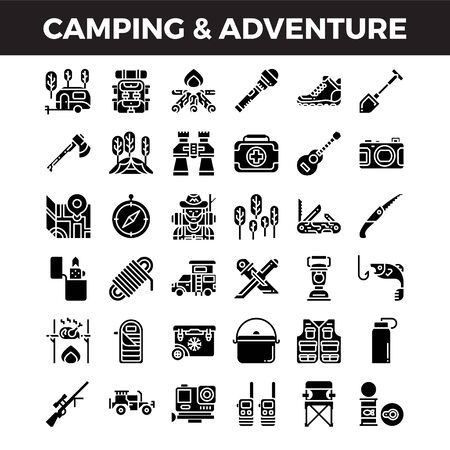 Camping and outdoor adventure solid icons. Pixel perfect icon. Vector illustrationのイラスト素材