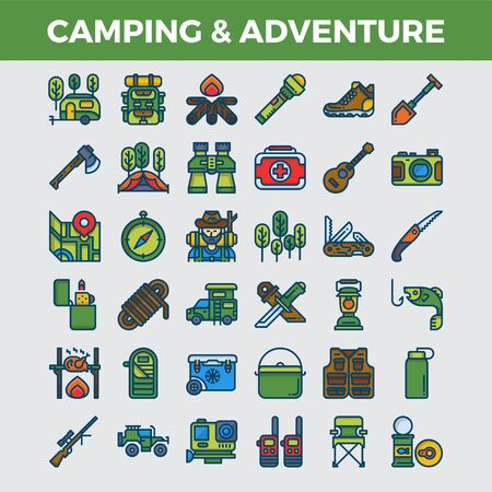 Camping and outdoor adventure filled outline icons. Pixel perfect icon. Vector illustrationのイラスト素材