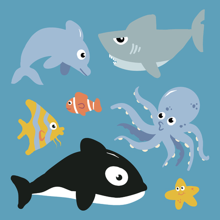 Cartoon Fish and Marine Animals Illustration Setのイラスト素材