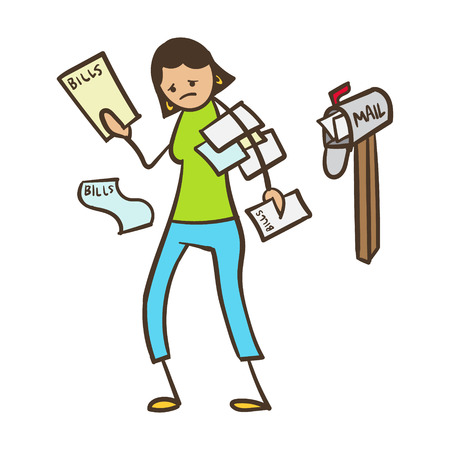 Cartoon Stick Figure Woman With Bills in the Mailのイラスト素材