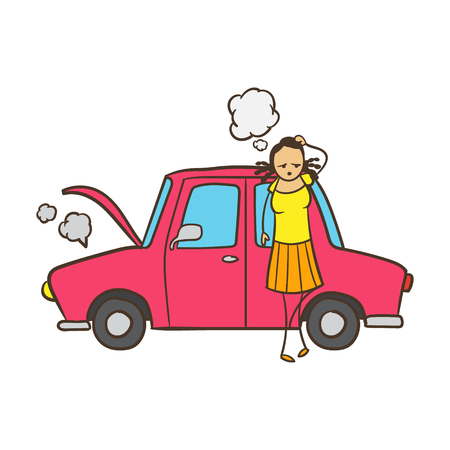 Cartoon Stick Figure Woman With Broken Down Carのイラスト素材