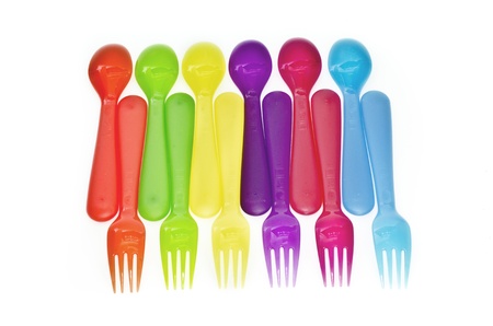 spoon fork Plastic ware with white isolate background の写真素材