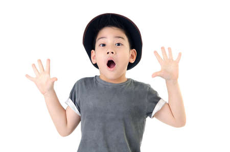 Cute little boy surprise face with hat isolate on white . の写真素材
