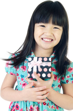 Asian Lovely girl with giftbox on white background . の写真素材