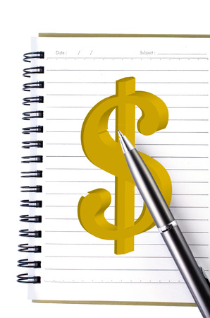 Lined notebook and pen drawing dollar sign on gray background .の写真素材