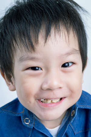 Closeup portrait of a cute little asian child on white background .