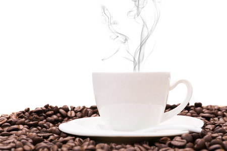 Black coffee cup and coffee beans backgroundの写真素材