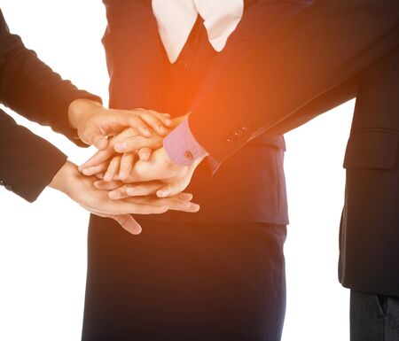 Businessman and Businesswomen holding hand , selective of focus on white background.