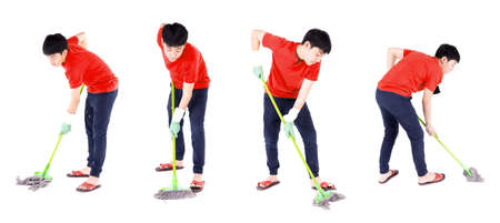 Group of Asian boy cleaning floor with mop. Young child doing house chores isolated on white...