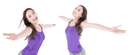 Asian woman Spreading arms and smiling happily isolated on white background.の写真素材