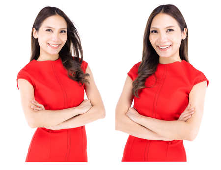 Portrait beautiful woman in a red dress Showing a happy expression On a white backgroundの写真素材