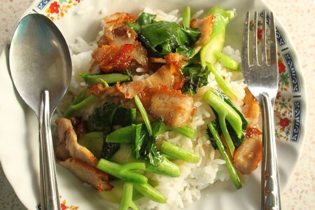 Crispy pork Stir-fried kale with steamed riceの写真素材