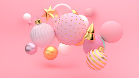 Christmas and Happy New Year 3D illustration, pink golden background with christmas baubles and starsの写真素材