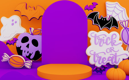 Happy Halloween background with podium for product display or party invitation. 3D render illustration of cookies, pumpkin, ghost, bat, skull, poison apple, spiderweb,.の写真素材
