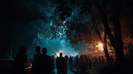 A captivating scene of a group of people gathering in a foggy park, surrounded by ethereal lighting and towering trees, evoking mystery and tranquility in the night.の素材