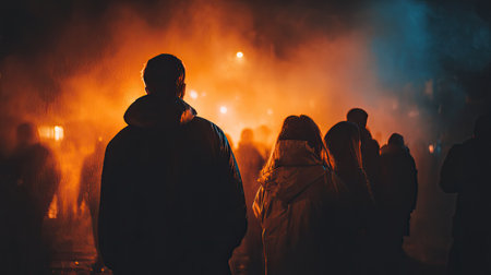 A mesmerizing night scene captures silhouettes of people amidst fog and vibrant orange and blue lights, evoking a sense of mystery and emotional depth in an urban gathering.の素材