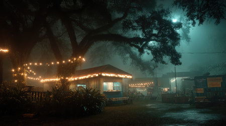 A tranquil outdoor space illuminated by soft lights amid fog. Rustic structures and large trees create a serene environment perfect for relaxation and gatherings.の素材