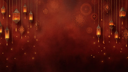 This captivating image features elegant lanterns hanging against a rich red backdrop, adorned with intricate patterns that create a warm and inviting atmosphere for celebrations.の素材