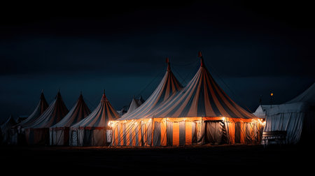 Striking image of colorful striped tents glowing warmly against a dark sky, evoking a sense of wonder and mystery, perfect for adventure or event themes.の素材