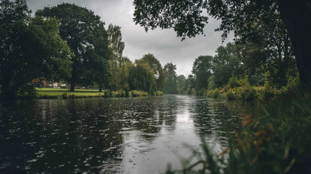 A peaceful waterway flows under a gray sky, with gentle rain creating ripples on the surface. Lush greenery surrounds the scene, capturing a serene moment in nature.の素材