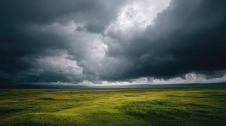 A captivating scene of a dark stormy sky looms over a lush green field, creating a dramatic and moody atmosphere. Perfect for nature enthusiasts and landscape supporters.の素材