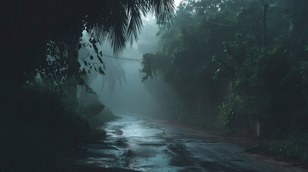 A captivating image of a misty road flanked by vibrant greenery, evoking a sense of peace and beauty that invites exploration and connection with nature.の素材