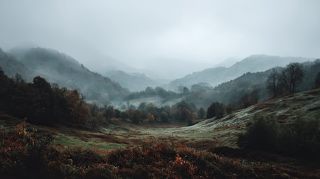 This stunning image captures a misty landscape featuring rolling hills adorned with vibrant autumn foliage under a cloudy sky. A serene and tranquil atmosphere invites exploration.の素材